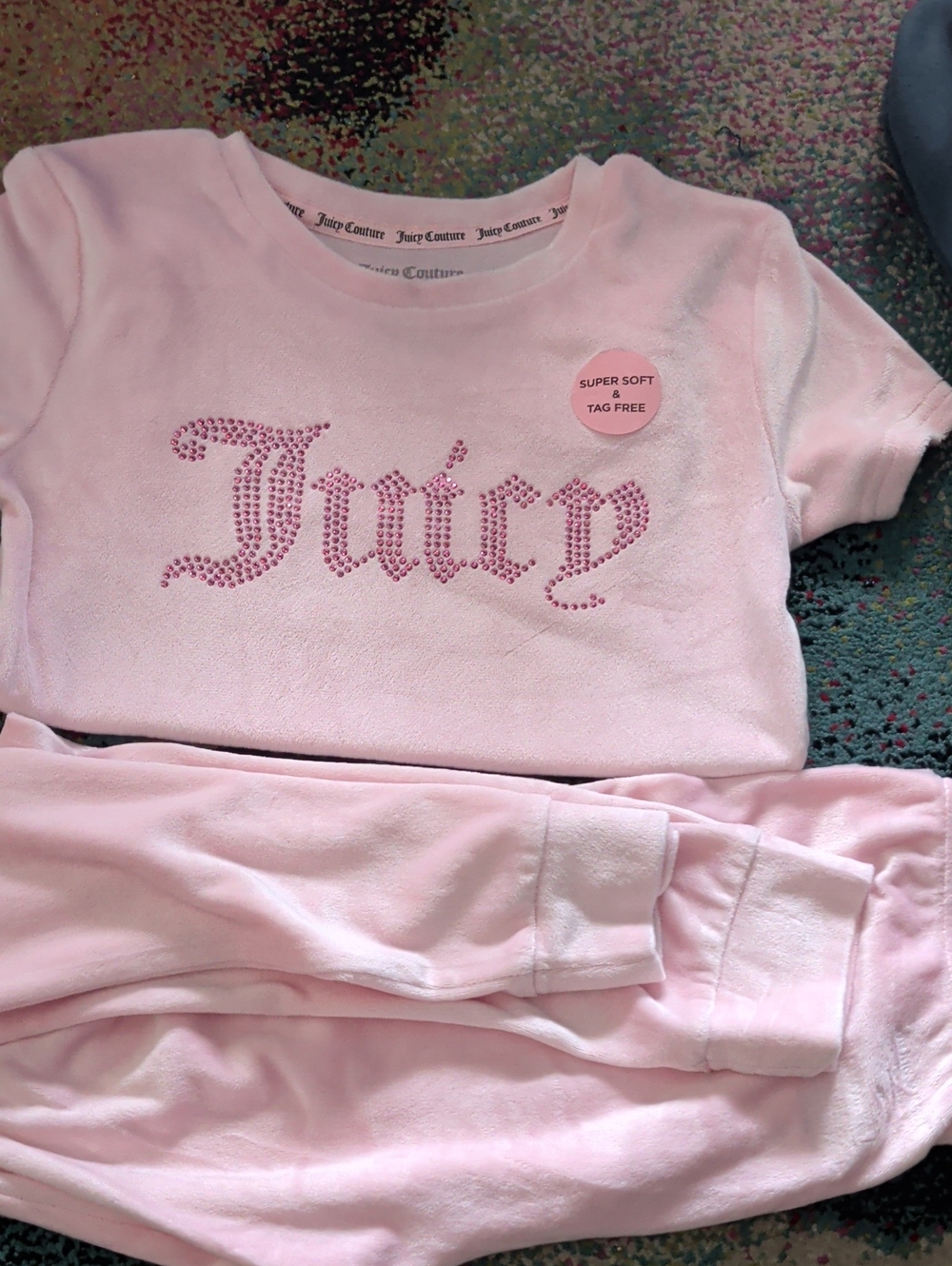 Juicy Couture Pink Pajama Set For Girls with Juicy Rhinestone Logo - Size 10